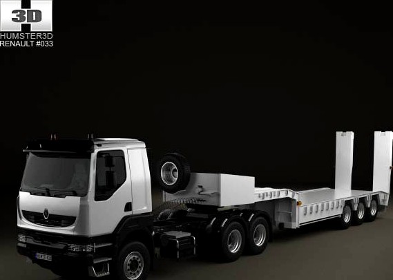 3D model of Renault Kerax Tractor Platform Trailer 2011