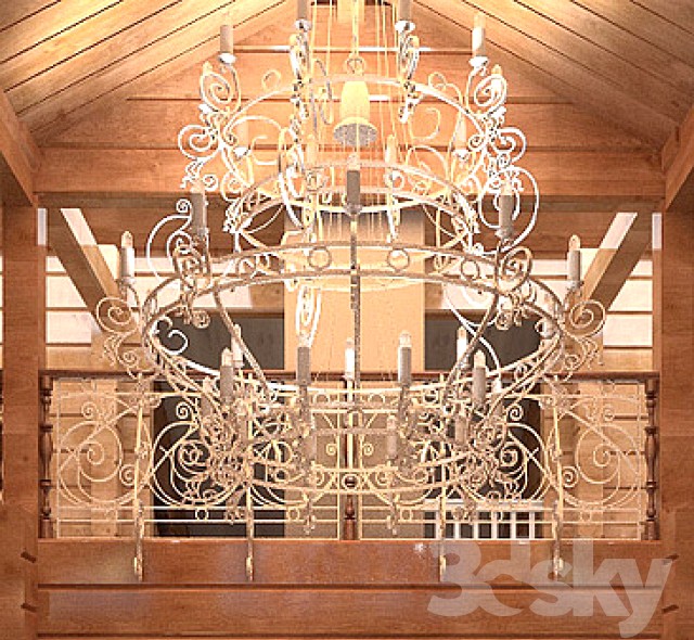 large cast iron chandelier and railings