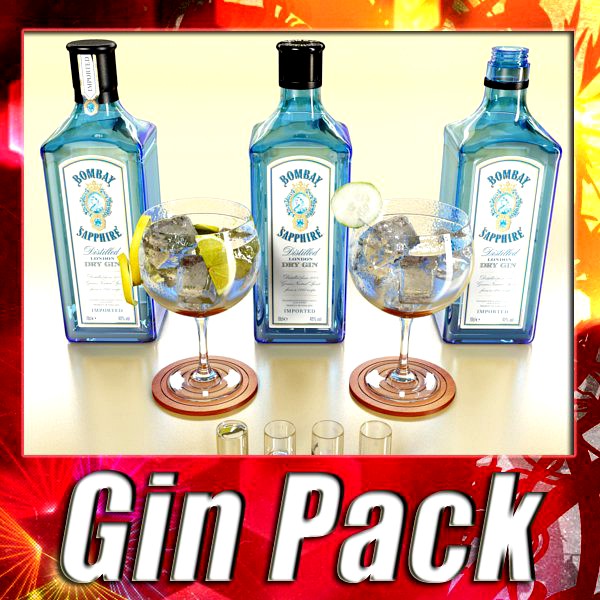 Bombay Sapphire Bottle, Gin Tonic and Gin Shot.3d model