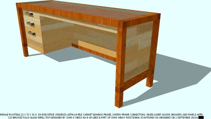 CREDENZA BAMBOO CHERRY LH FILE CAB GLASS TOP BY JOHN A WEICK RA