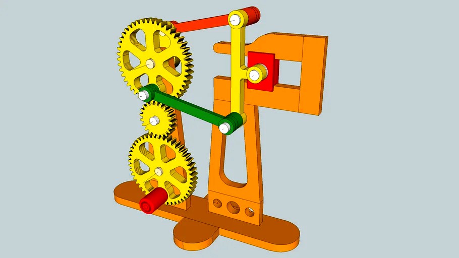 Hand-cranked wood model with 2 cranks and 1 piston