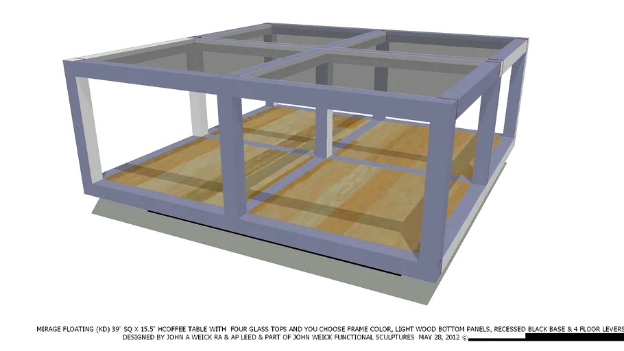 TABLE COFFEE 39SQ 4 GL TOP, YOU CHOOSE FRAME COLOR LT WD JOHN A WEICK RA