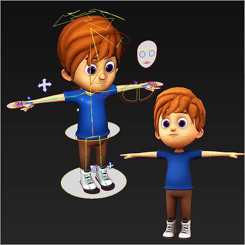 Cute Cartoon Boy Rigged Maya Model with blendshapes 3d