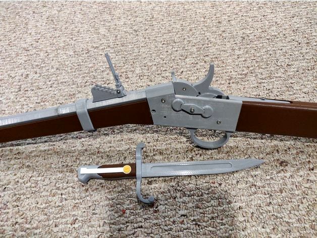 3D Printed Remington Rolling Block Rifle - Fully Functional Firing and Ejection Mechanisms, with Latching Bayonet by osmium_ore