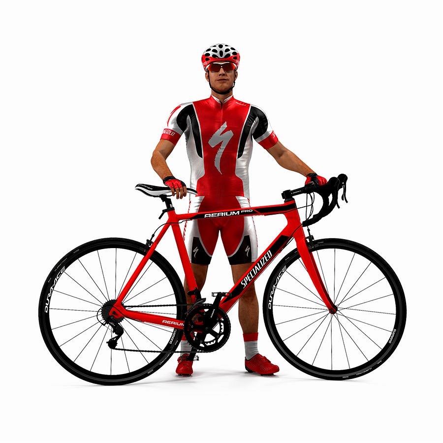Bicyclist in Red Suit with Bike