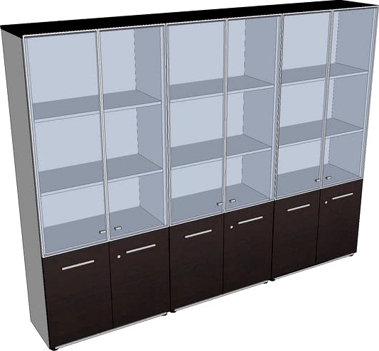 3 Librerías altas con puertas bajas+puertas de cristal y encimera 207 x270 x42 cm wengué