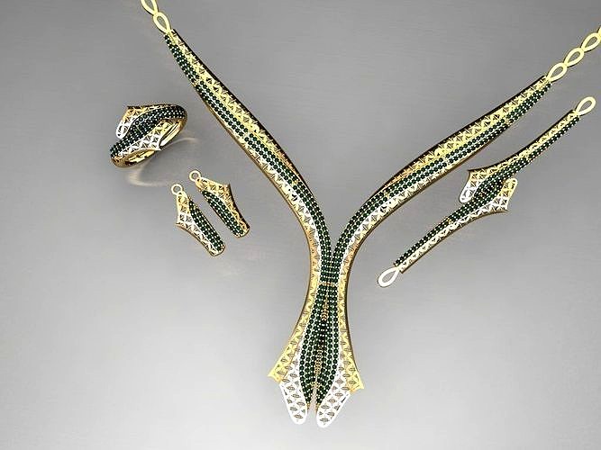 S03- Diamond necklace earring ring bracelet gold set | 3D