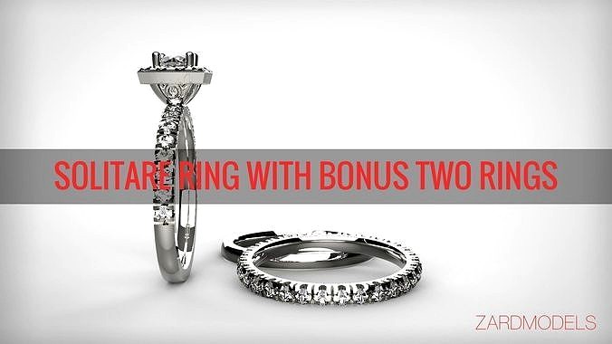 Solitare Square Head Ring with BONUS Two Rings | 3D