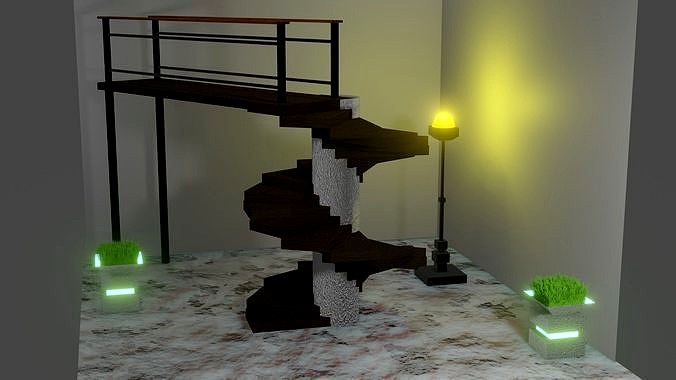 Modern Interior with Stairs- Lamps- Planters