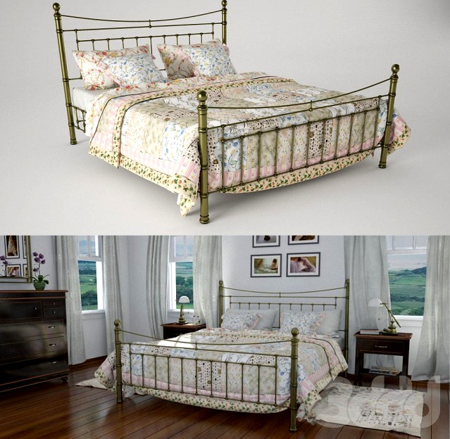 Metal bed and bed linens patchwork