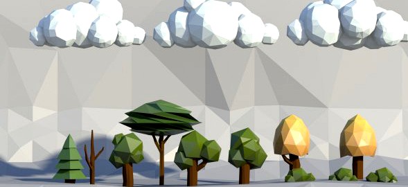 Low poly trees clouds bushes 3D Model