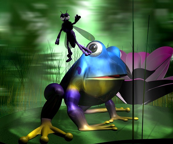 Frogs and Mosquito in a complete cartoon scene