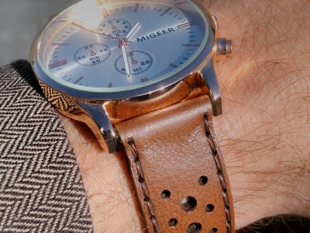 Laser cut rallye style watch band / strap with precut holes and engraved stitching line by Pyre
