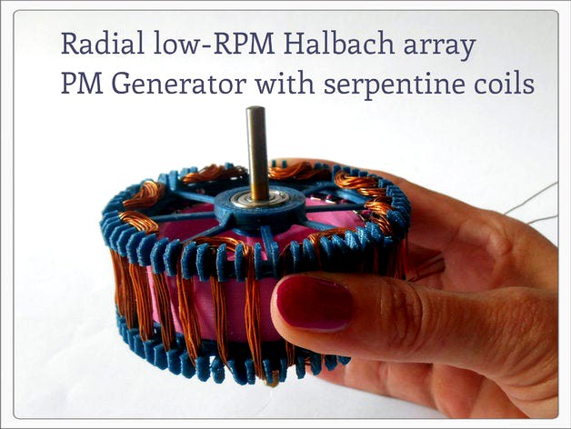 Radial low-RPM Halbach array PM Generator with serpentine coils.  by TanyaAkinora