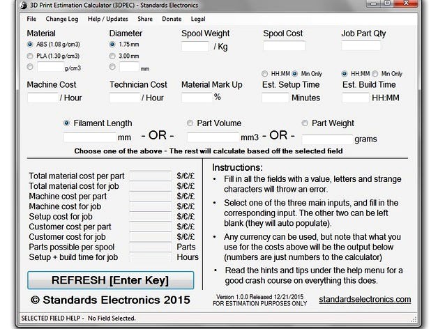 3DPEC - 3D Print Estimation Calculator by standardselectronics