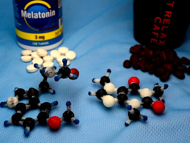 Caffeine and Melatonin - OpenSCAD generated from chemical SDF files by taroh