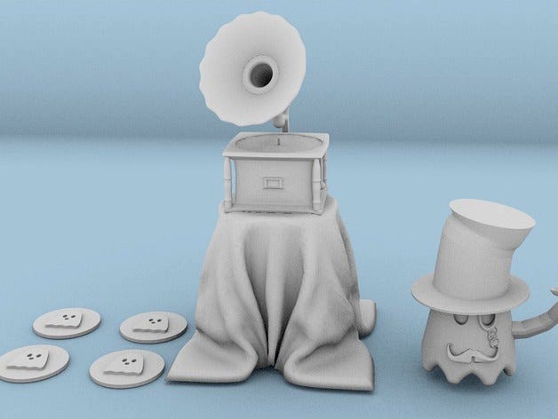 Gramophone whith ghostly mini figure and discs by BluebirdJonas