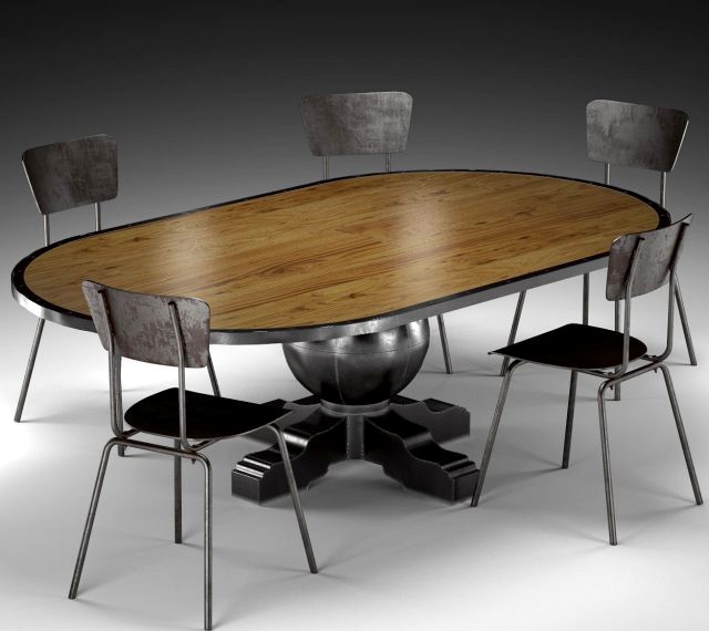 Enzo Industrial Loft Pine Metal Oval Dining Table 3D Model