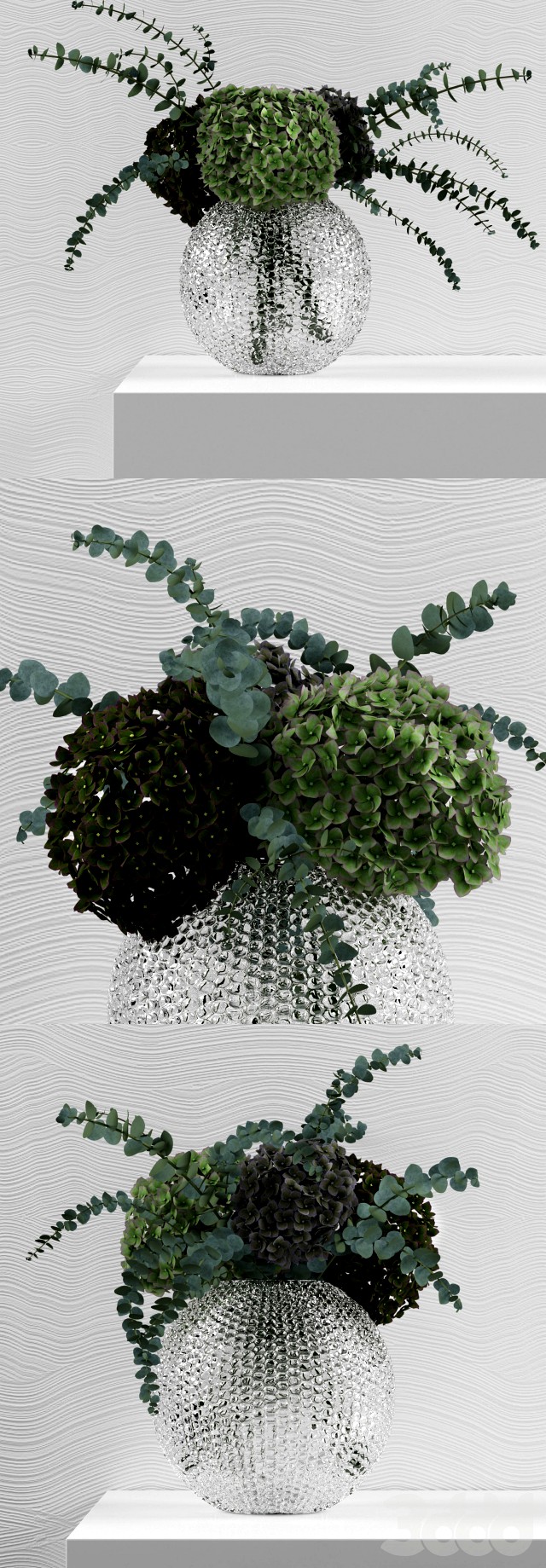 Green Hydrangeas with Eucaliptus baby blue in Bubble vase