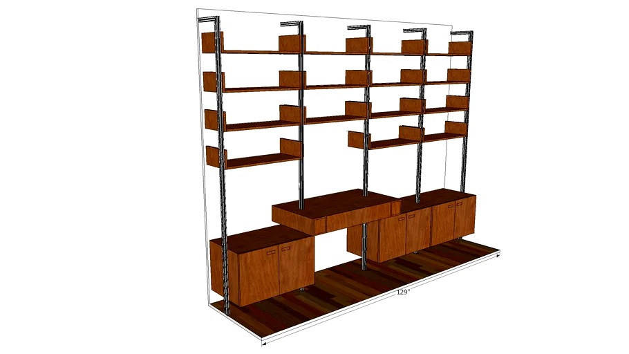 ISS Designs Modular Shelving - 129' Wide 4 Bay Pole Mounted System with Desk,shelves with side