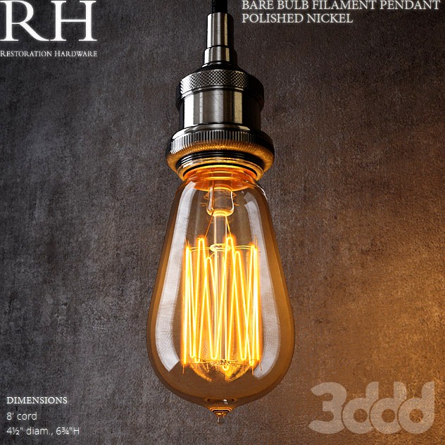 RH Bare Bulb Filament Pendant Polished Nickel