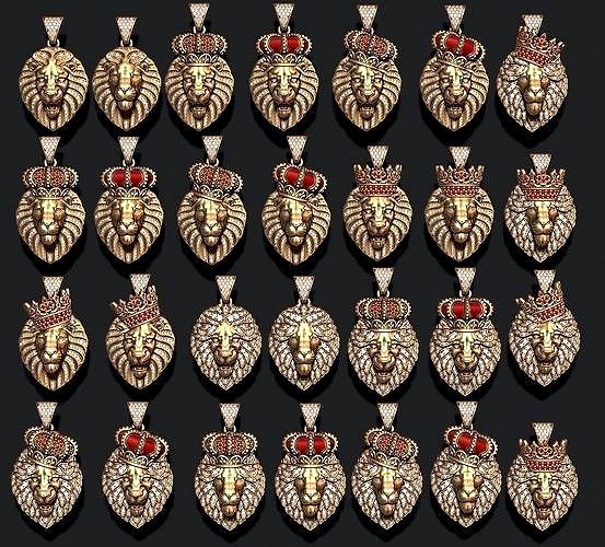 Lions pendant set pack with diamonds | 3D