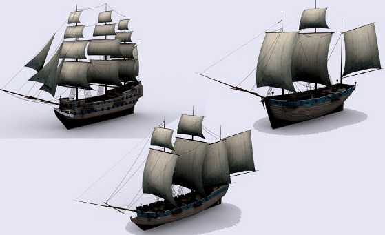 Three sailing ship 3D Model