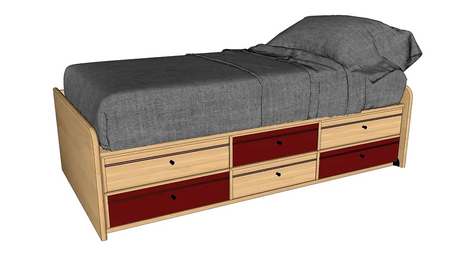 Complete individual wooden bed with 6-drawer platform