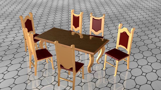 6 chairs and a wooden table WKS Style 3D Model