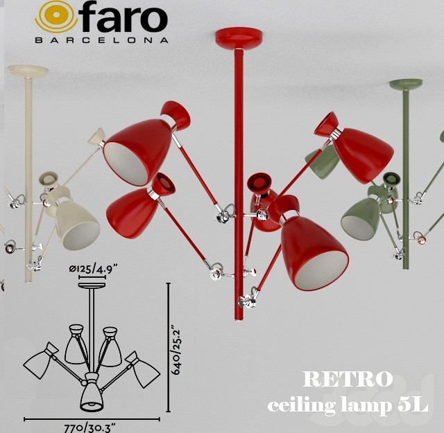 FARO RETRO Red ceiling lamp 5L