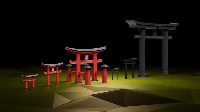 Japanese Torri Gate 3D Model Set of 6 Game Ready