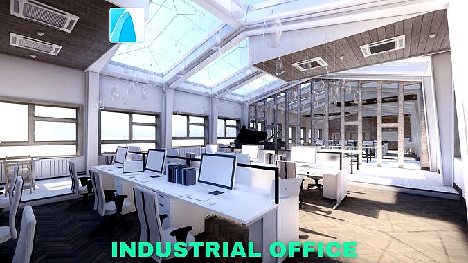 Industrial Office on Attic with Skylights Scene - Archicad