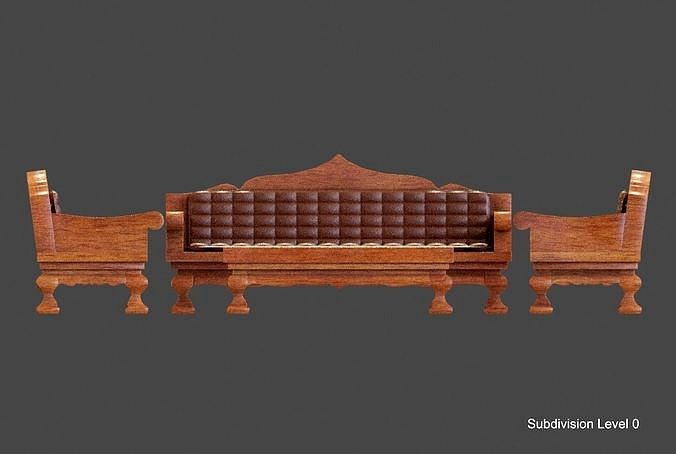 Set of wood sofa in vintage style and leather cushions