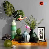Decorative set tropical vases and flying flamingo
