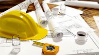 artchitectural scene includes contruction helment tape measure