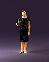 Wom in dark blue dress white dots alco in hand 0946
