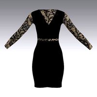 DRESS SLEVEE BELT LACE BLACK DRESS