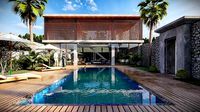Exterior and Interior House with open swimming pool in courtyard