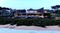 Modern beach house with interior and 3d grass
