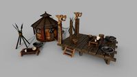 Historic Viking house with courtyard PBR low-poly 3D model