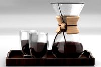Chemex Coffee Decanter With Bodum Glasses on Wooden Tray