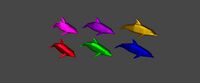 Six different colored Low Poly dolphins in Blender 3D