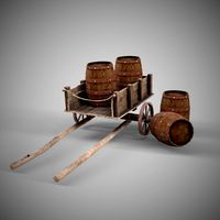 Low-poly collection of cart and wooden barrels