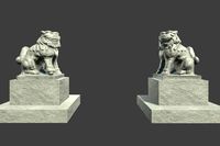 Lowpoly Japanese Komainu Stone Statues
