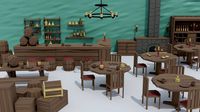 Low-poly cartoon medieval tavern interior asset poly style