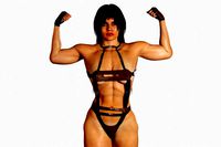 bodybuilder woman in leather suit