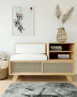 Wooden bedside table for the hallway with a rug included