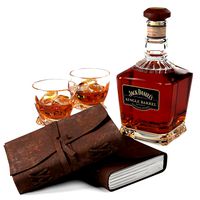 jack daniels single barrel select whiskey and vintage leather notebook