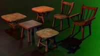 a set of wooden chairs with scuffs and abrasions