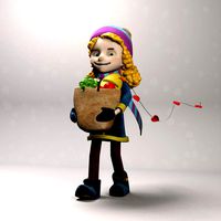 low poly cute cartoon girl goes from the store with purchases